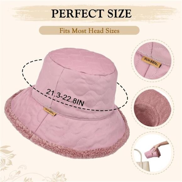 Women\'s Fuzzy Bucket Hat Wide Brim Faux Fur Winter Warm Hat, Pink main image 4